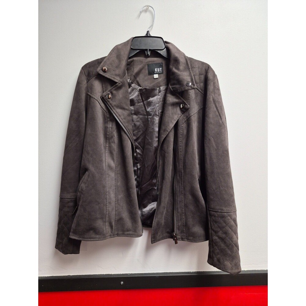 KUT from the Kloth Marlowe Faux Suede Moto Biker Jacket Gray Brown Charcoal XL